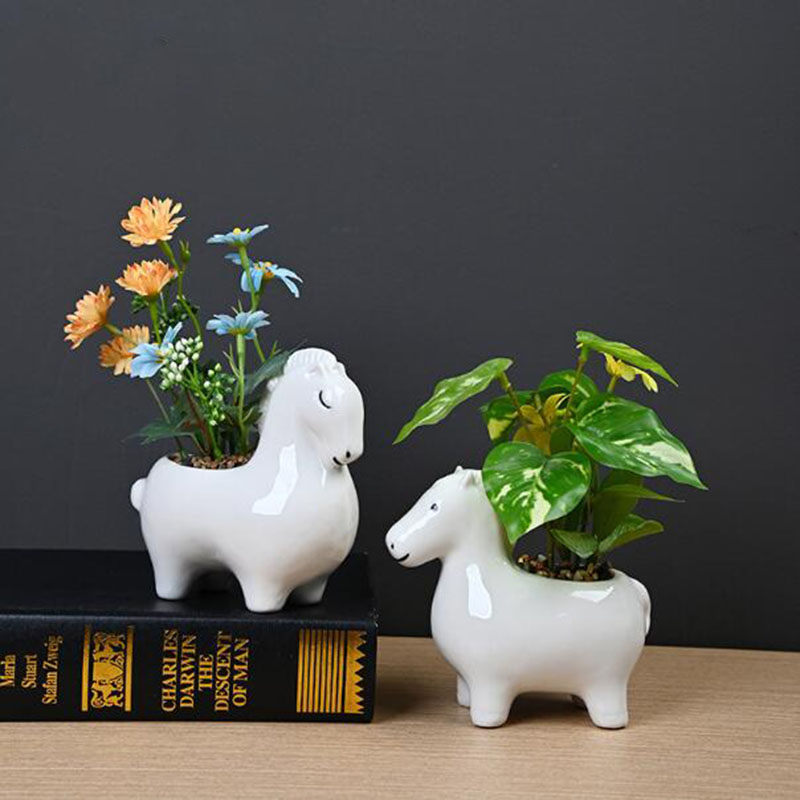 Bonsai Garden Art - กระถางดอกไม้รูปม้าพอร์ซเลนสีขาว กระถางต้นไม้สีเขียว แจกันบอนไซ กระถางปลูกต้นไม้ ของตกแต่งสวน ของตกแต่งระเบียงในร่ม